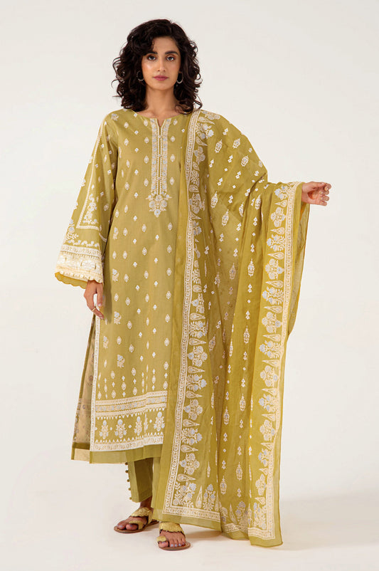 Unstitched 3 Piece Gold & Colored Paste Lawn Suit