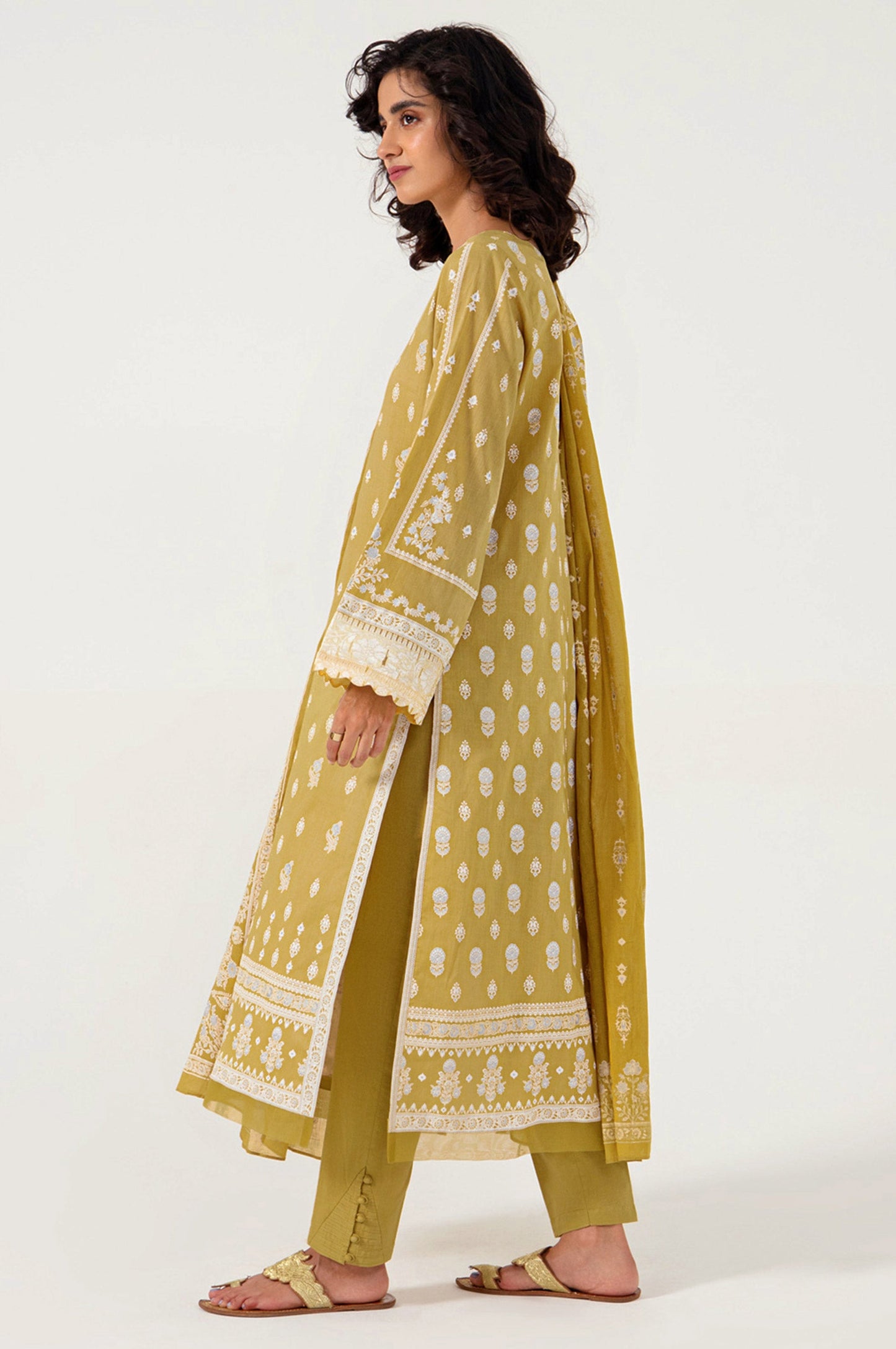 Stitched 3 Piece Gold & Colored Paste Lawn Suit