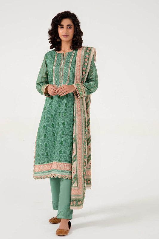 Unstitched 3 Piece Embroidered Lawn with Cotton Net Suit