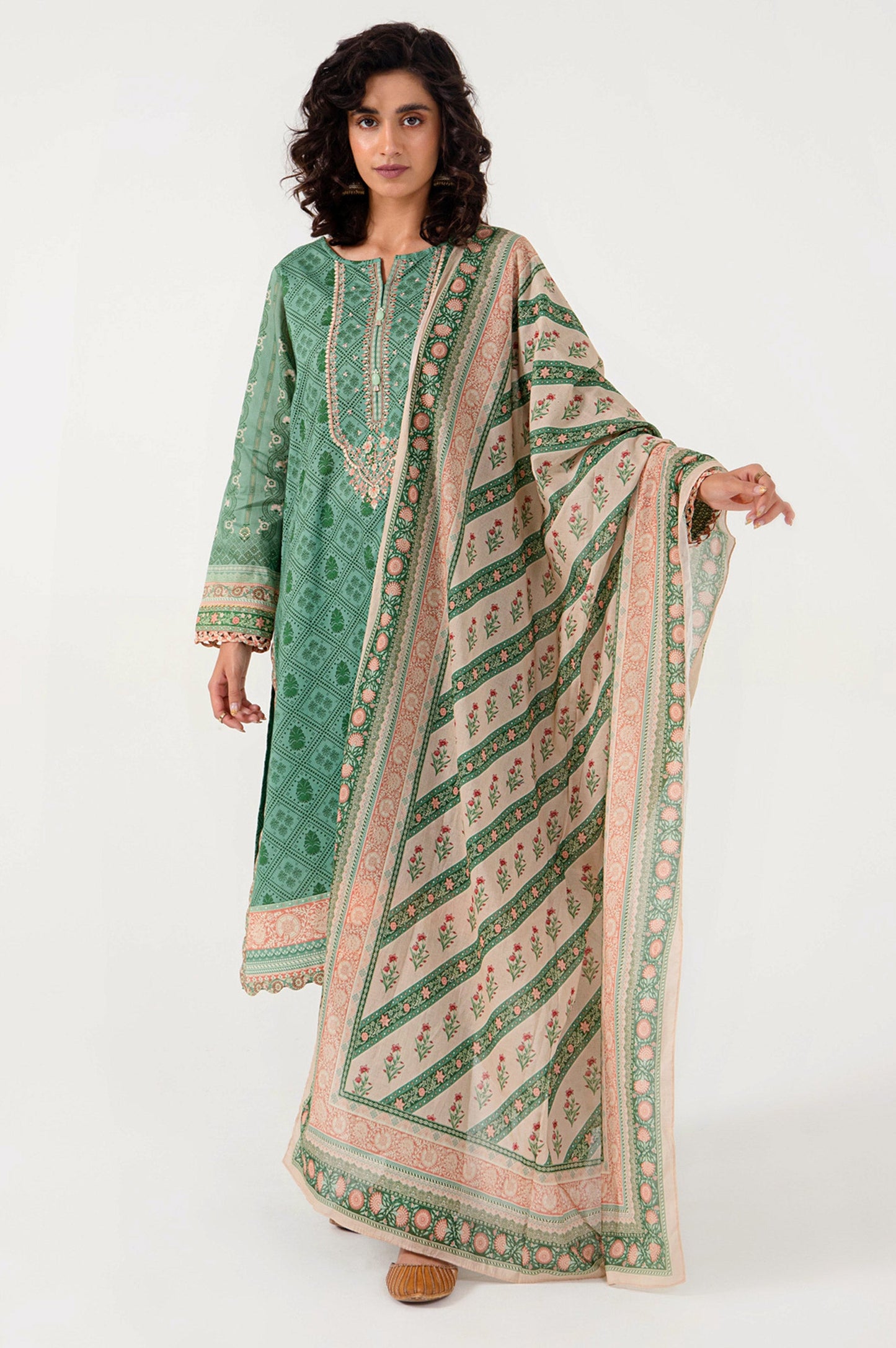 Stitched 3 Piece Embroidered Lawn with Cotton Net Suit