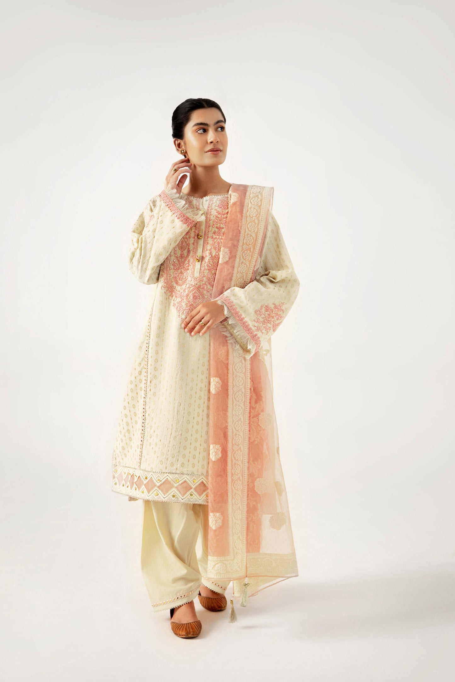 Unstitched 3 Piece Maysuri Jacquard Shirt with Cotton Net Jacqaurd Dupatta