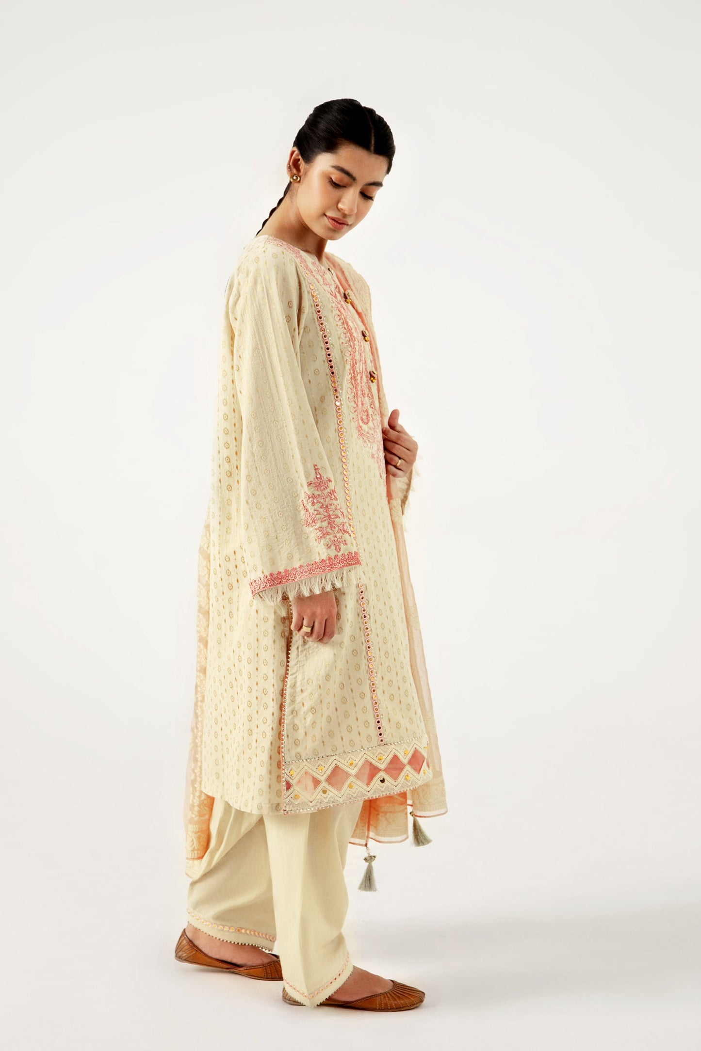 Unstitched 3 Piece Maysuri Jacquard Shirt with Cotton Net Jacqaurd Dupatta