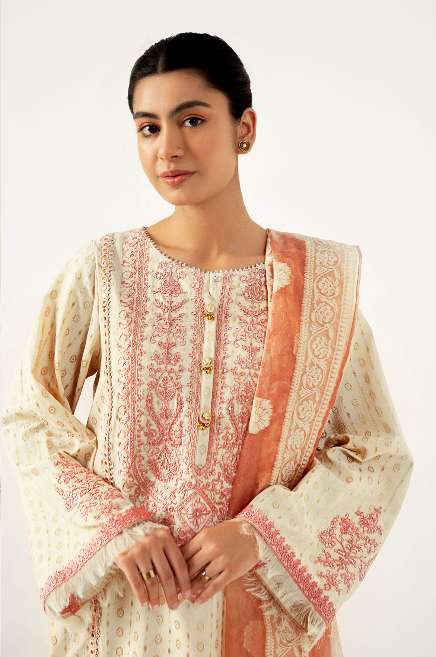 Unstitched 3 Piece Maysuri Jacquard Shirt with Cotton Net Jacqaurd Dupatta