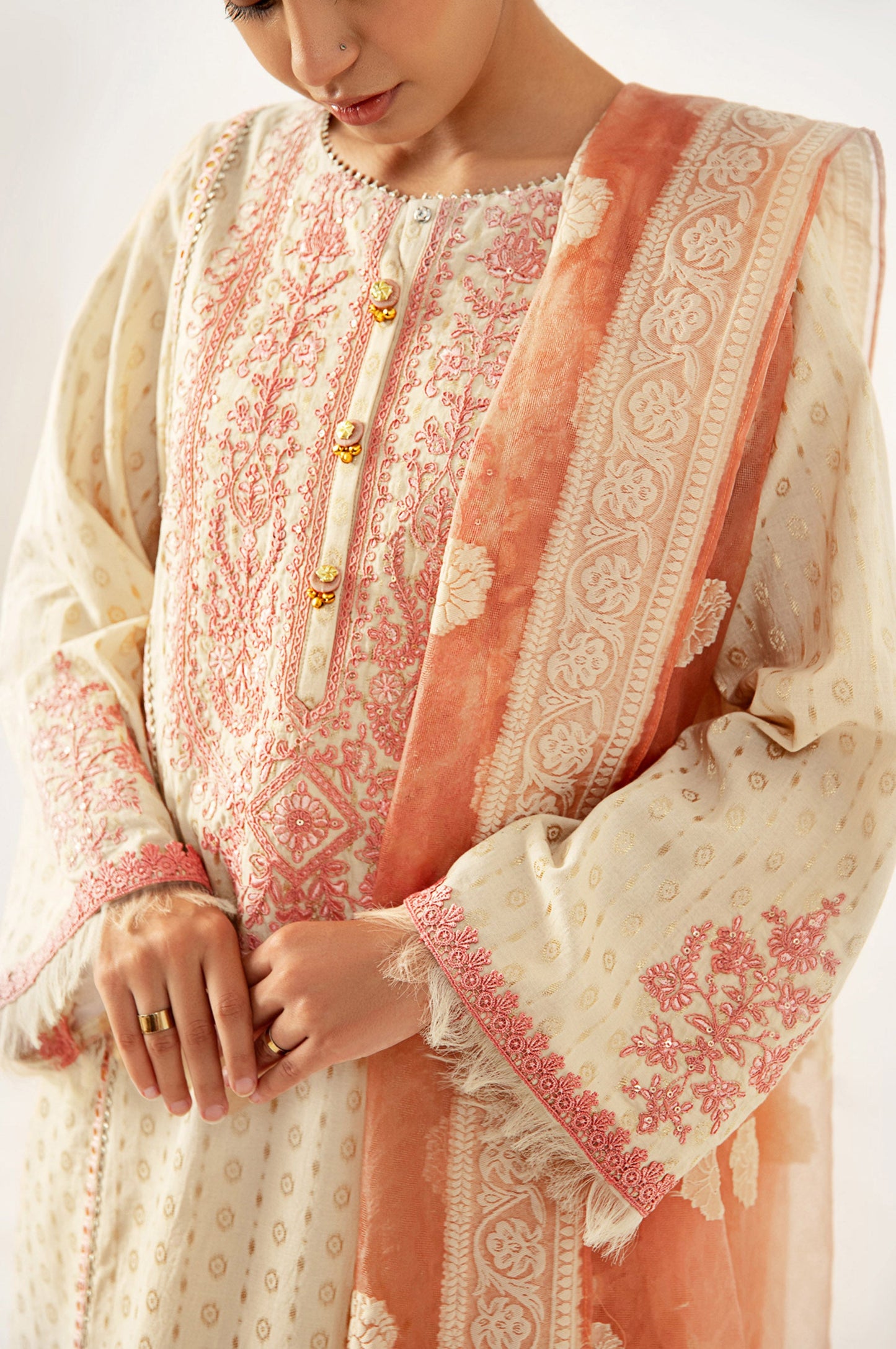 Unstitched 3 Piece Maysuri Jacquard Shirt with Cotton Net Jacqaurd Dupatta