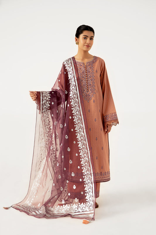 Unstitched 3 Piece Maysuri Jacquard Shirt with Foil Print Organza Dupatta