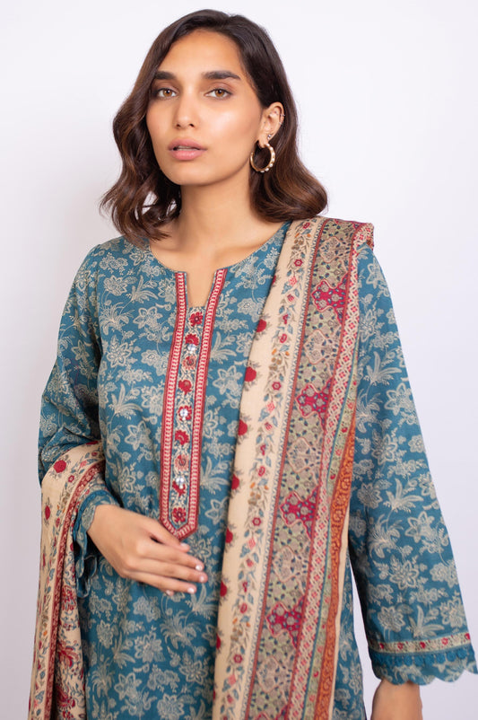 Unstitched 3 Piece Printed Khaddar Suit