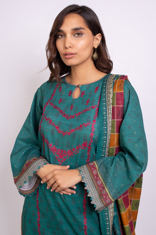 Unstitched 3 Piece Embroidered Khaddar Suit