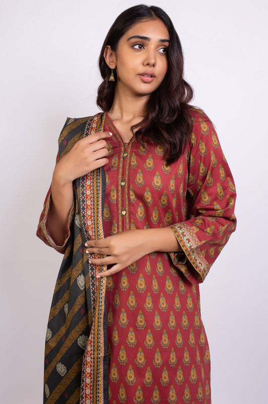 Unstitched 3 Piece Printed Cottel Suit