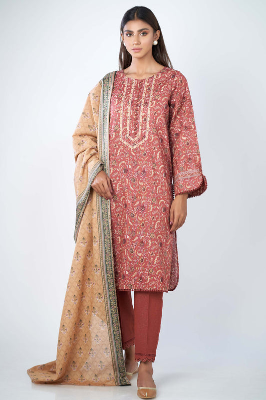 Unstitched 3 Piece Printed Karandi Suit