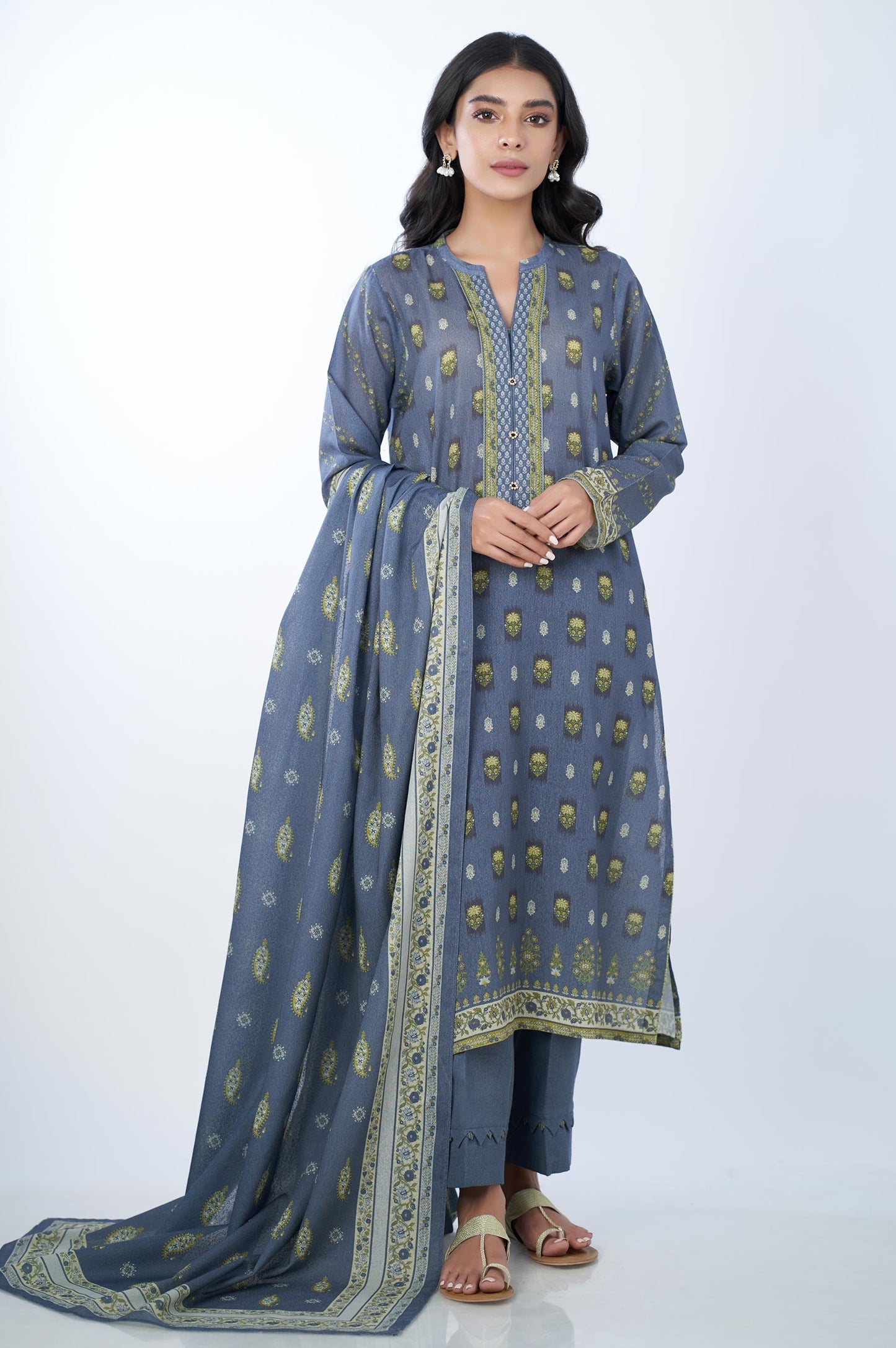 Unstitched 3 Piece Printed Karandi Suit