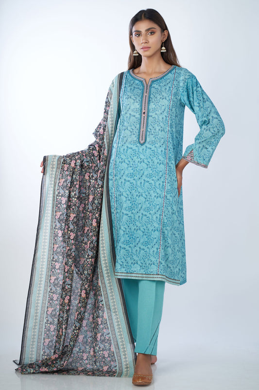 Unstitched 3 Piece Printed Karandi Suit