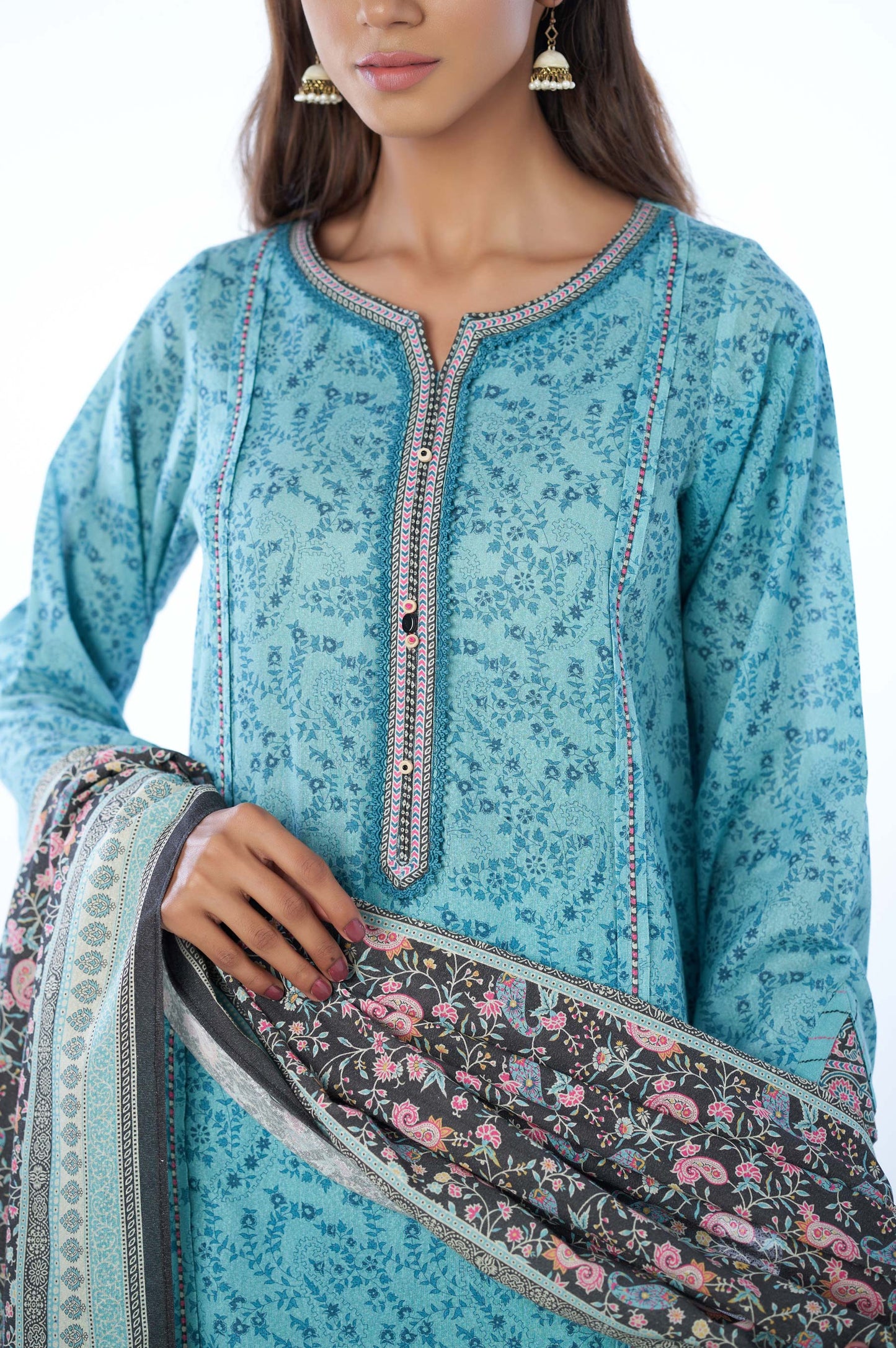 Unstitched 3 Piece Printed Karandi Suit
