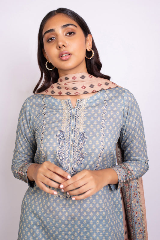 Unstitched 3 Piece Embroidered Linen Viscose Suit