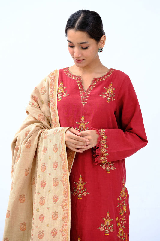 Unstitched 3 Piece Embroidered Khaddar Suit with Yarn Dyed Shawl