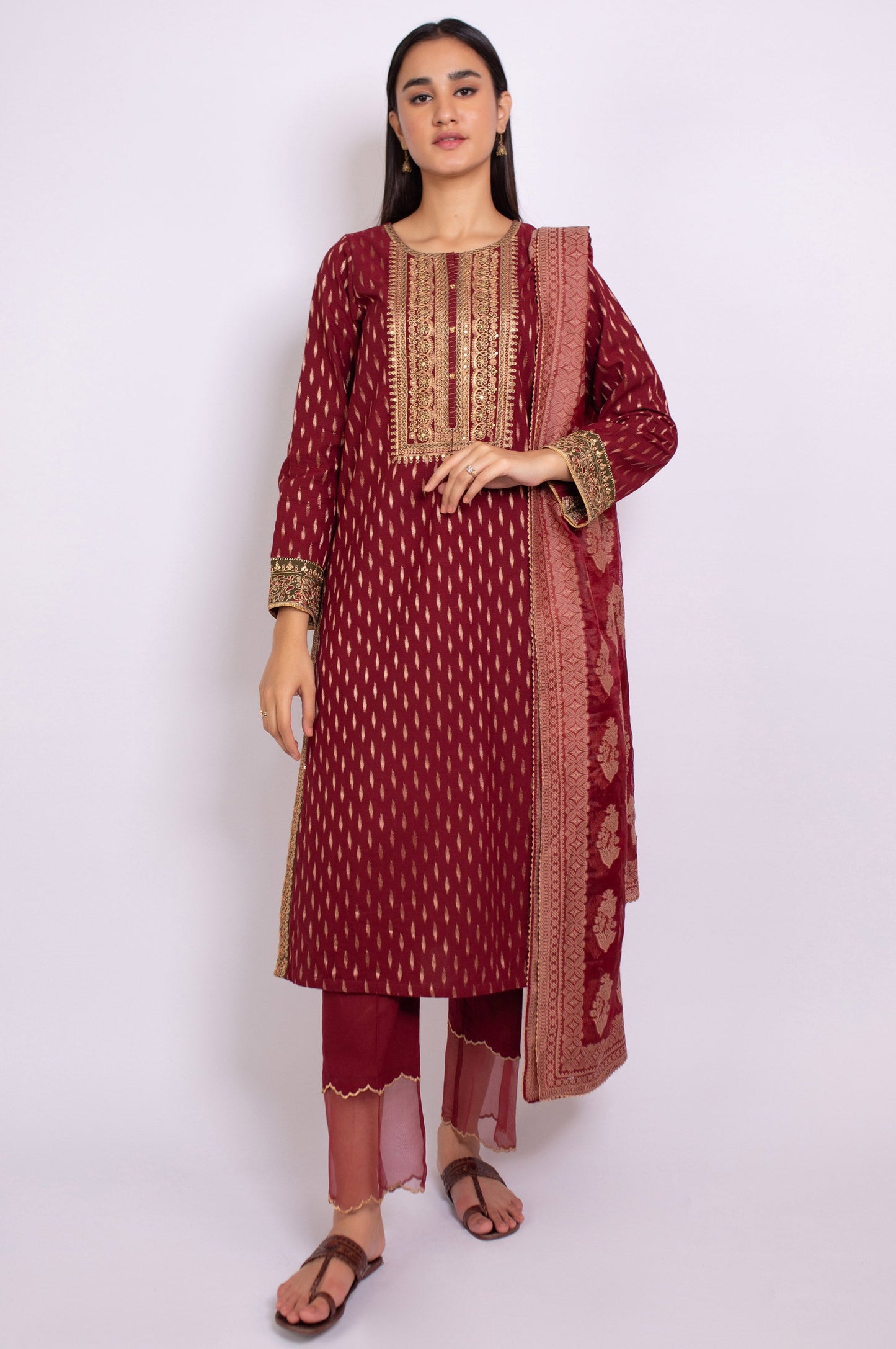 Unstitched 3 Piece Embroidered Maysuri Jacquard Suit