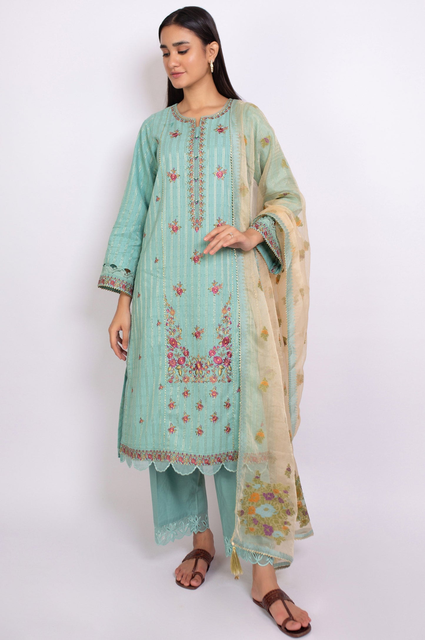 Unstitched 3 Piece Embroidered Maysuri Jacquard Suit