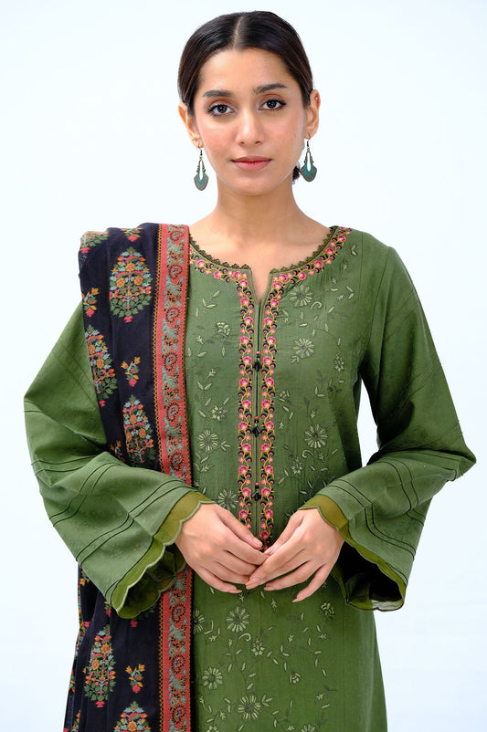 Unstitched 3 Piece Embroidered Satin Jacquard Suit