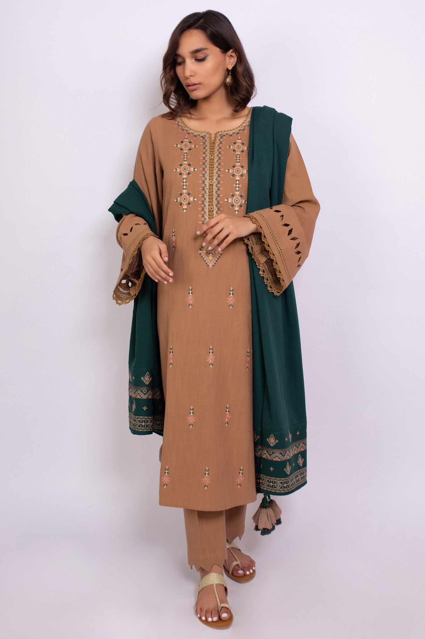 Unstitched 3 Piece Embroidered Khaddar Suit with Shawl