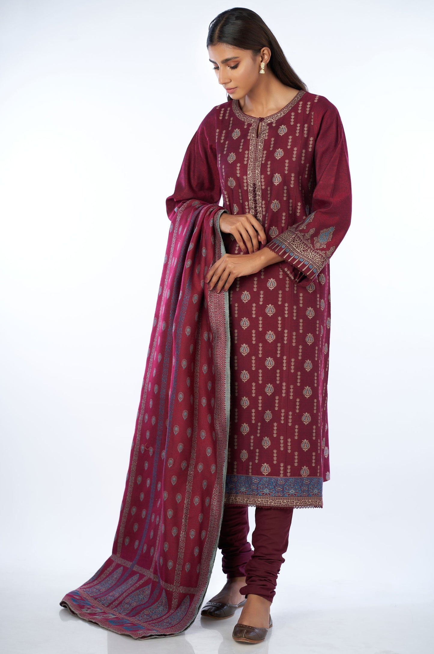 Unstitched 3 Piece Embroidered Jacquard Suit with Yarn Dyed Shawl