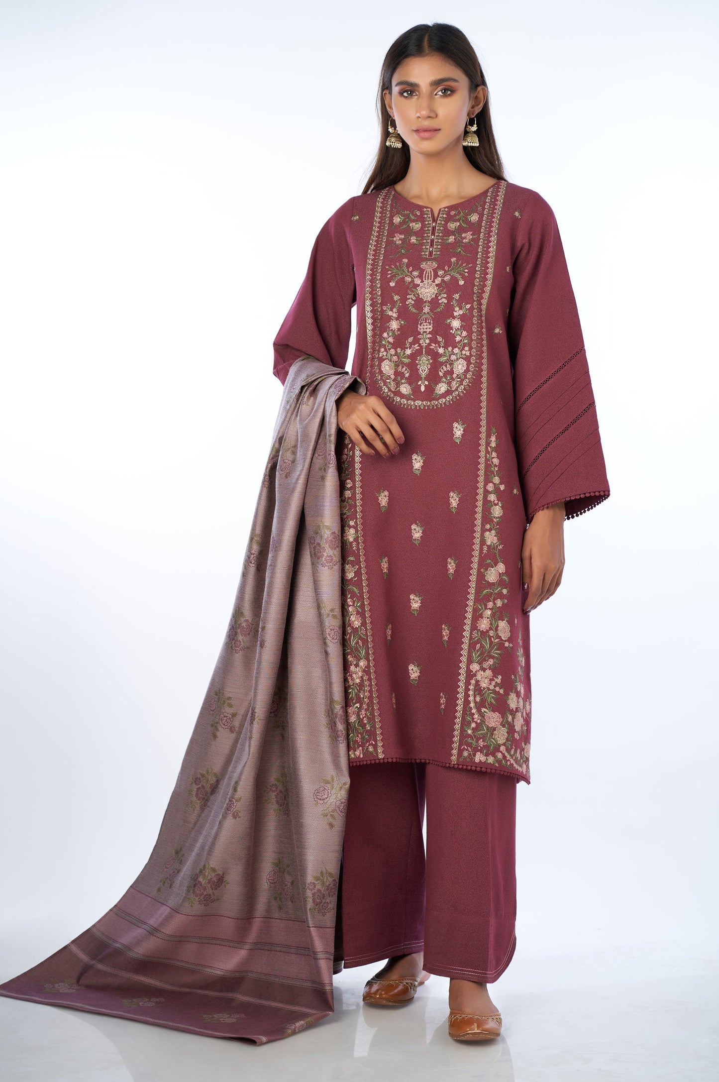 Unstitched 3 Piece Embroidered Karandi with Shawl Suit