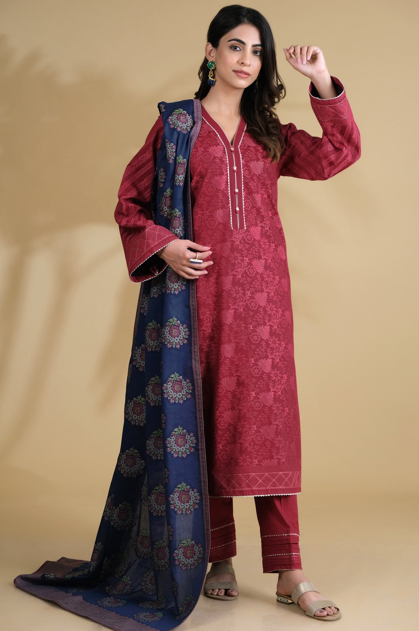 Unstitched 3 Piece Dyed Jacquard Suit