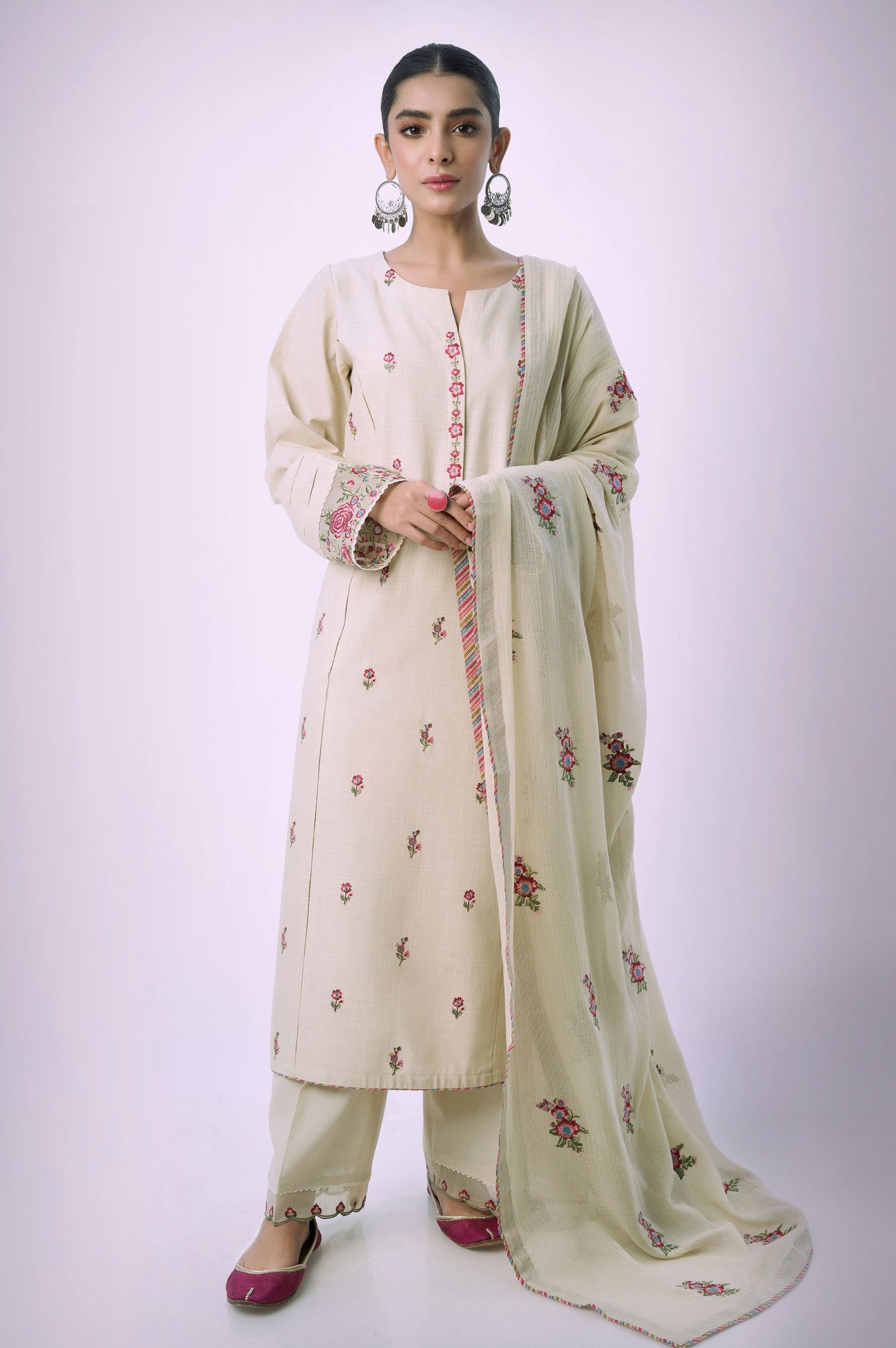 Unstitched 3 Piece Embroidered Textured Slub Suit