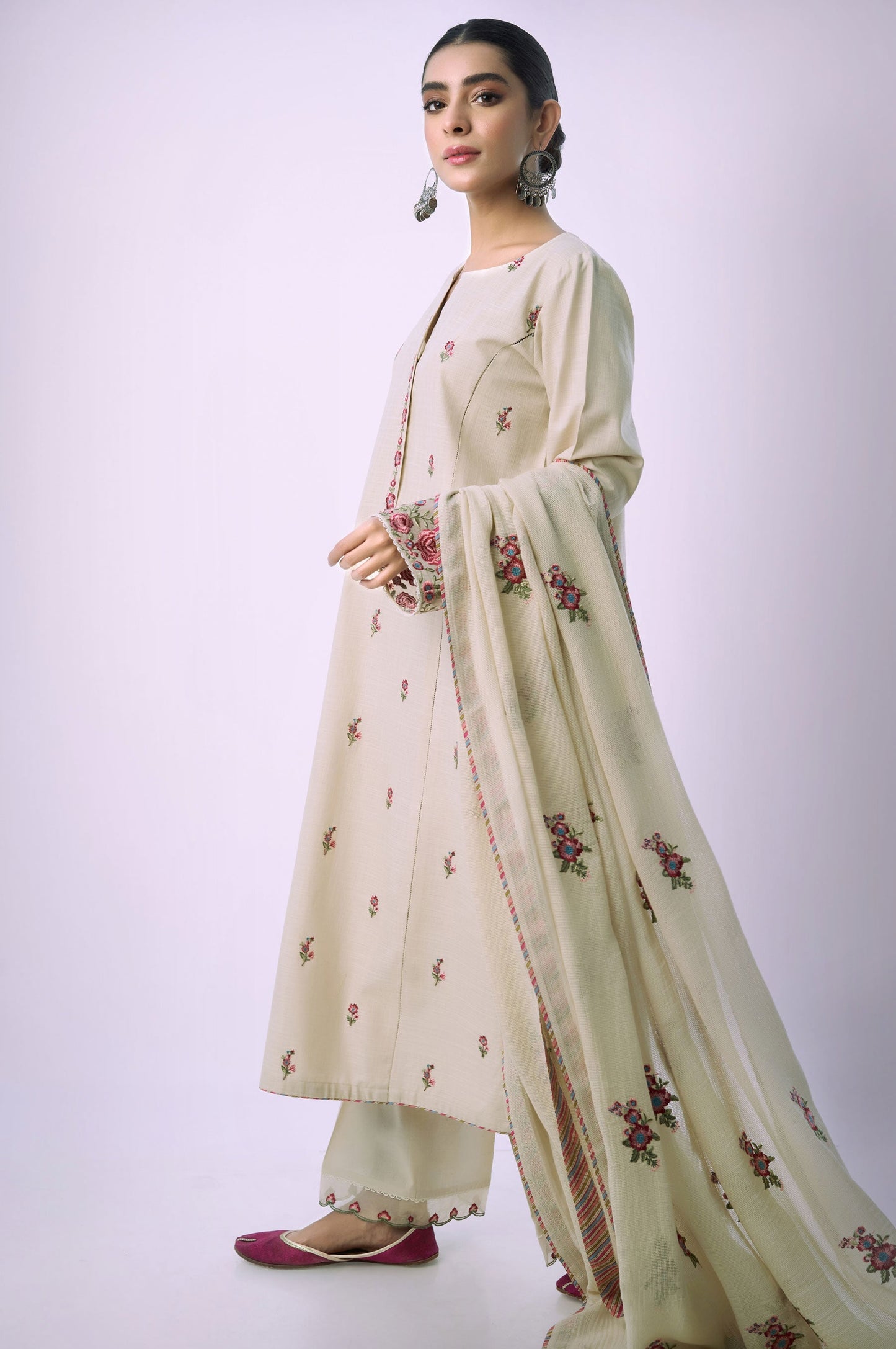 Unstitched 3 Piece Embroidered Textured Slub Suit