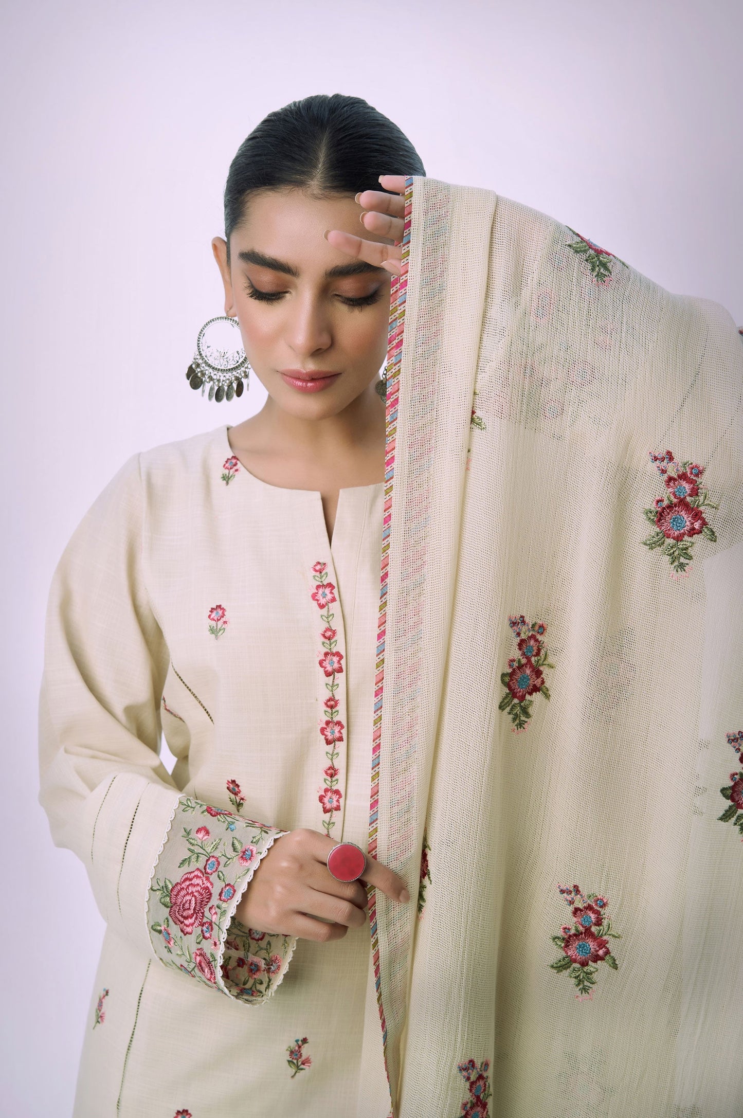 Unstitched 3 Piece Embroidered Textured Slub Suit