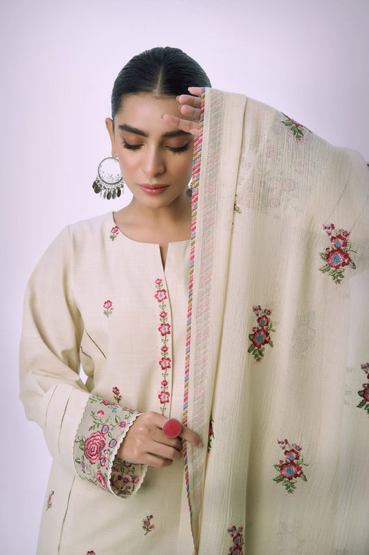 Unstitched 3 Piece Embroidered Textured Slub Suit