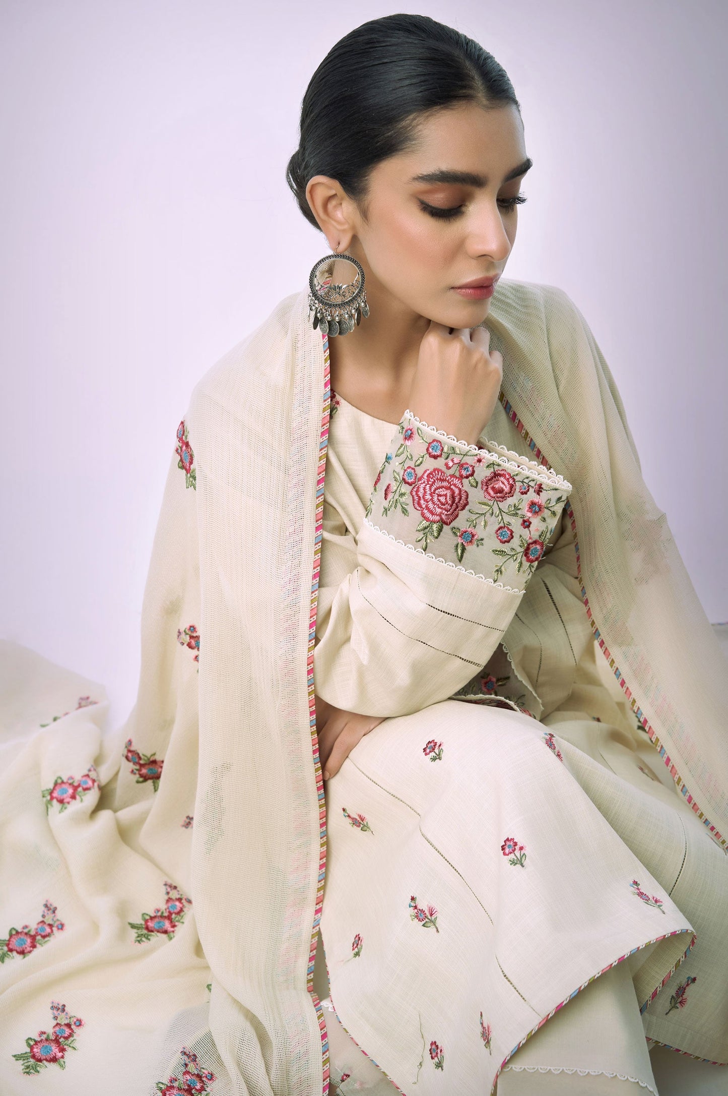 Unstitched 3 Piece Embroidered Textured Slub Suit