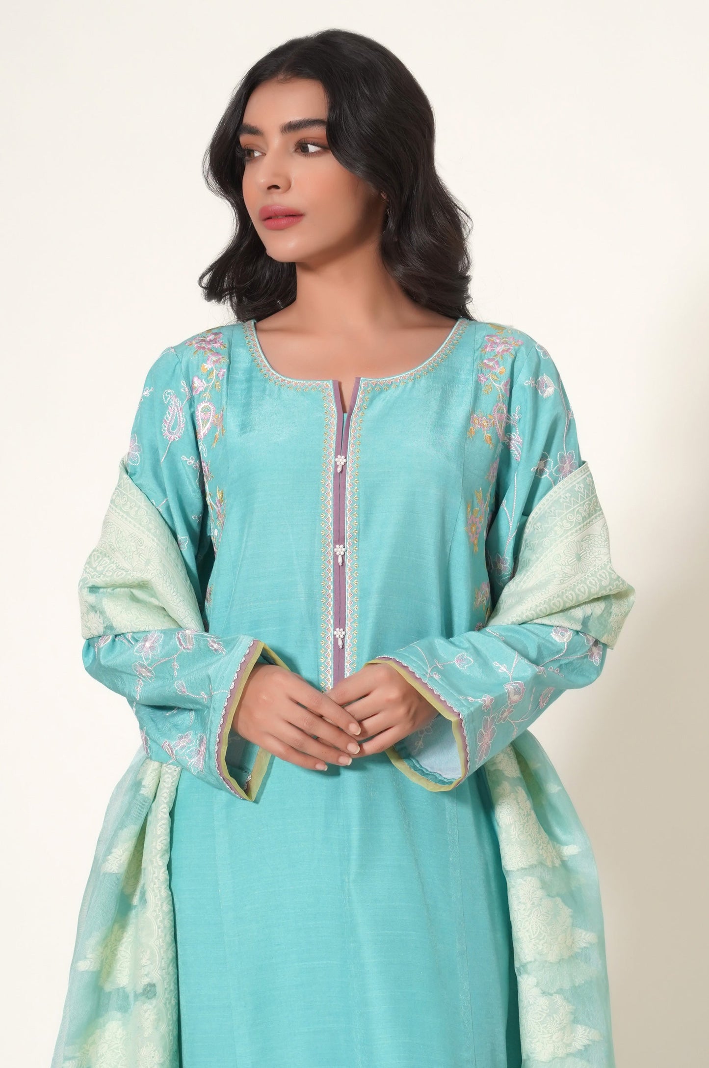 Unstitched 3 Piece Embroidered Raw Silk Suit