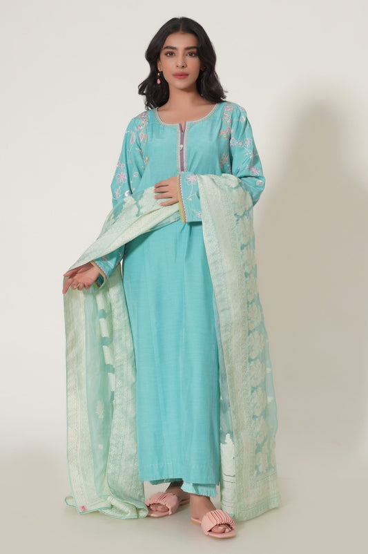 Unstitched 3 Piece Embroidered Raw Silk Suit