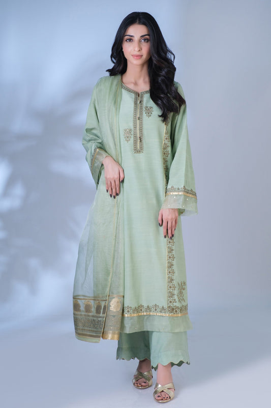 Unstitched 3 Piece Embroidered Raw Silk Suit