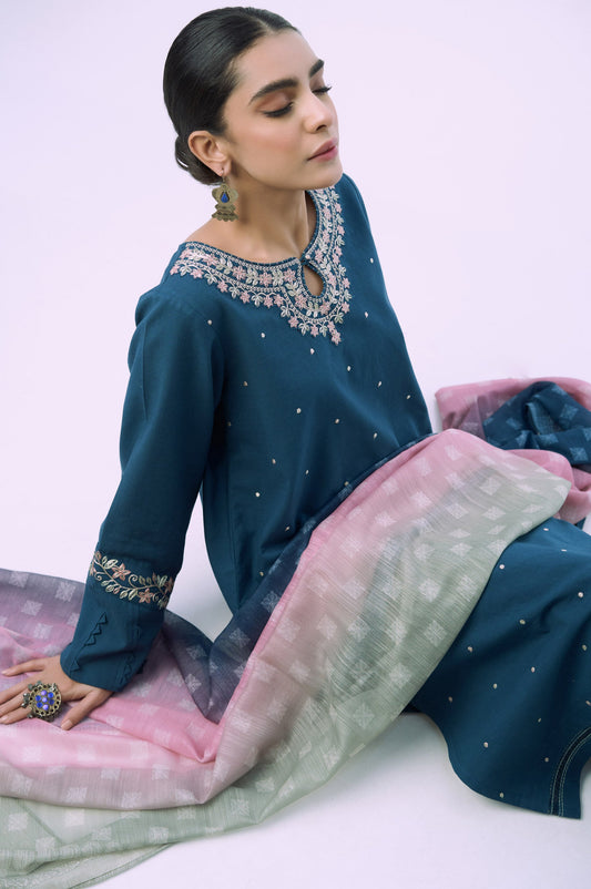 Unstitched 3 Piece Embroidered Slub Suit