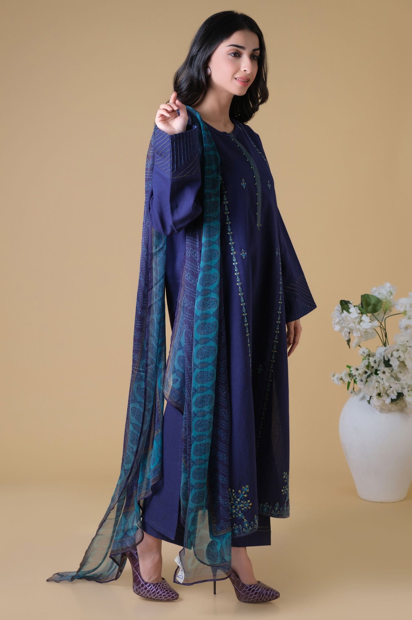 Stitched 3 Piece Embroidered Textured Slub