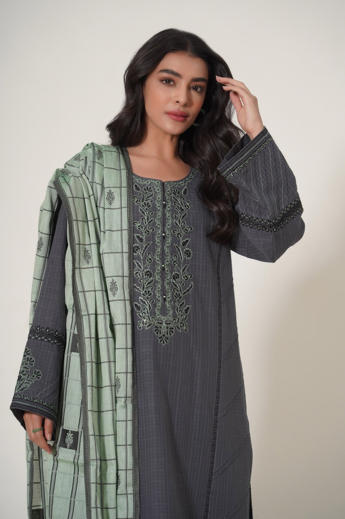 Unstitched 3 Piece Embroidered Textured Slub Suit