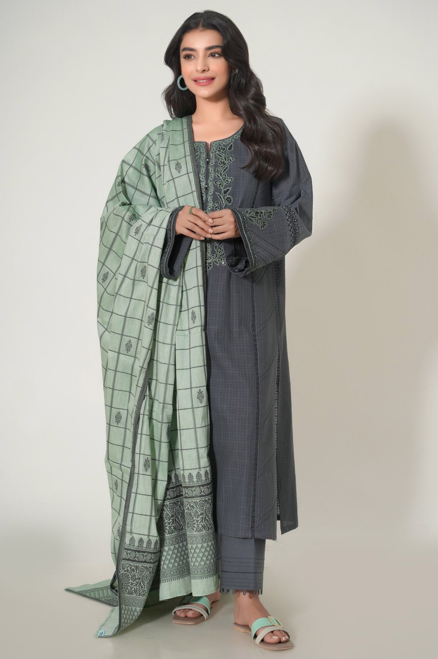 Unstitched 3 Piece Embroidered Textured Slub Suit