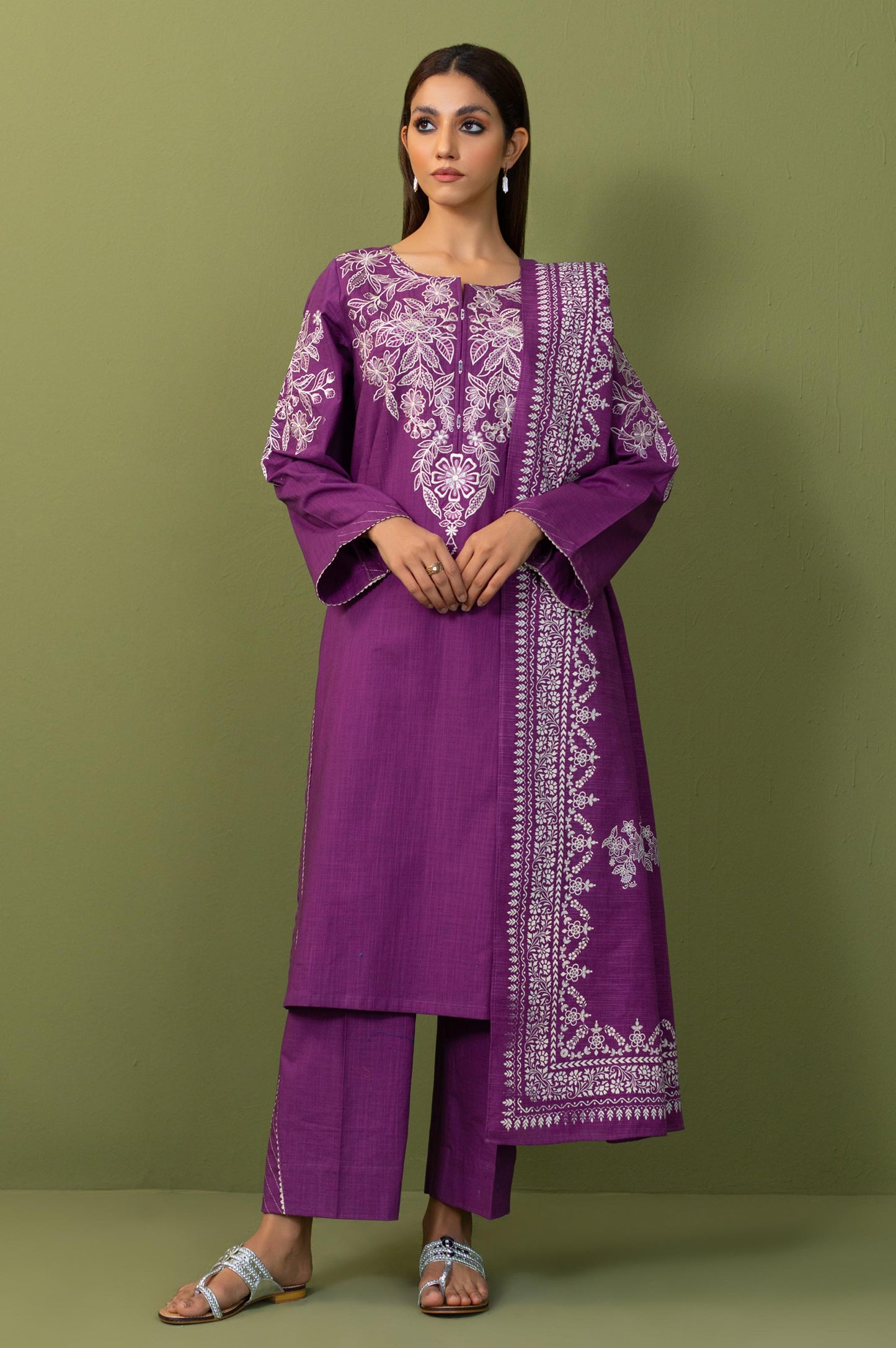 Unstitched 3 Piece Embroidered Front-Back Slub Suit
