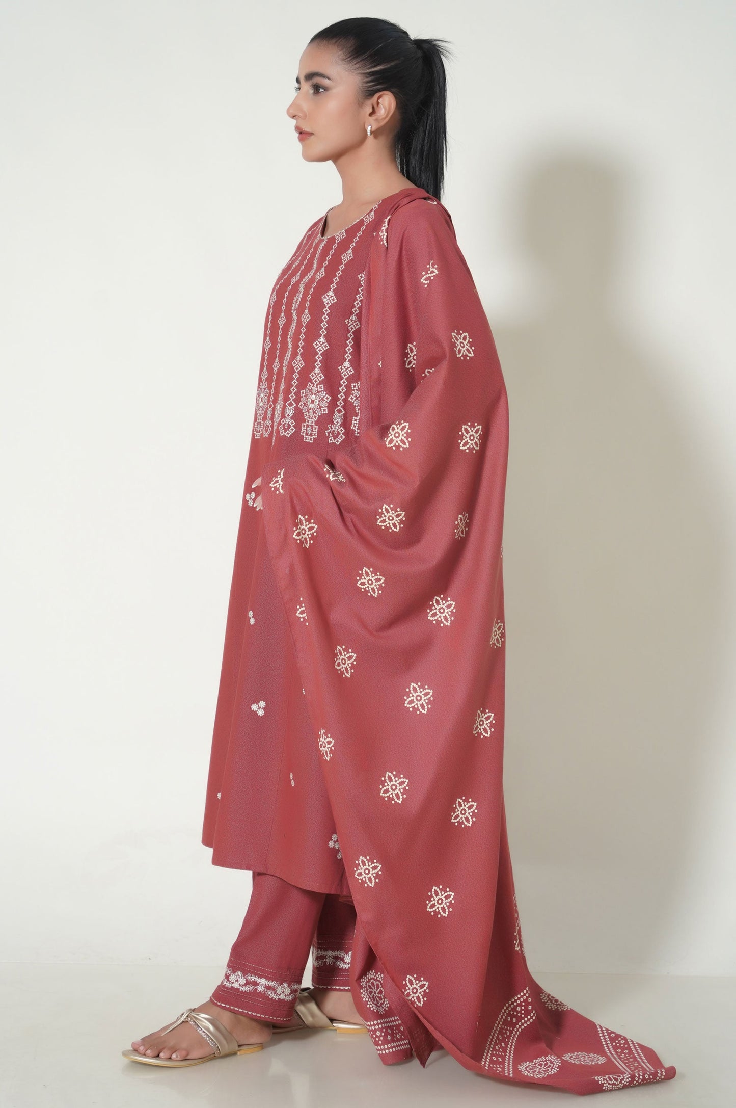 Unstitched 3 Piece Printed Karandi Suit