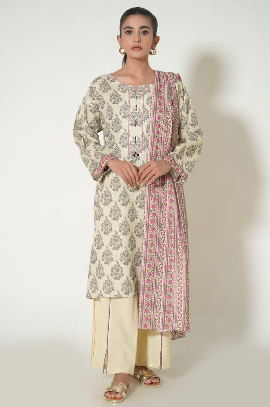 Unstitched 3 Piece Printed Khaddar Suit