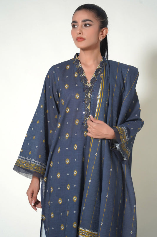 Unstitched 3 Piece Khaddar Printed Suit