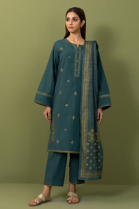 Unstitched 3 Piece Both Side Slub Embroidered Suit