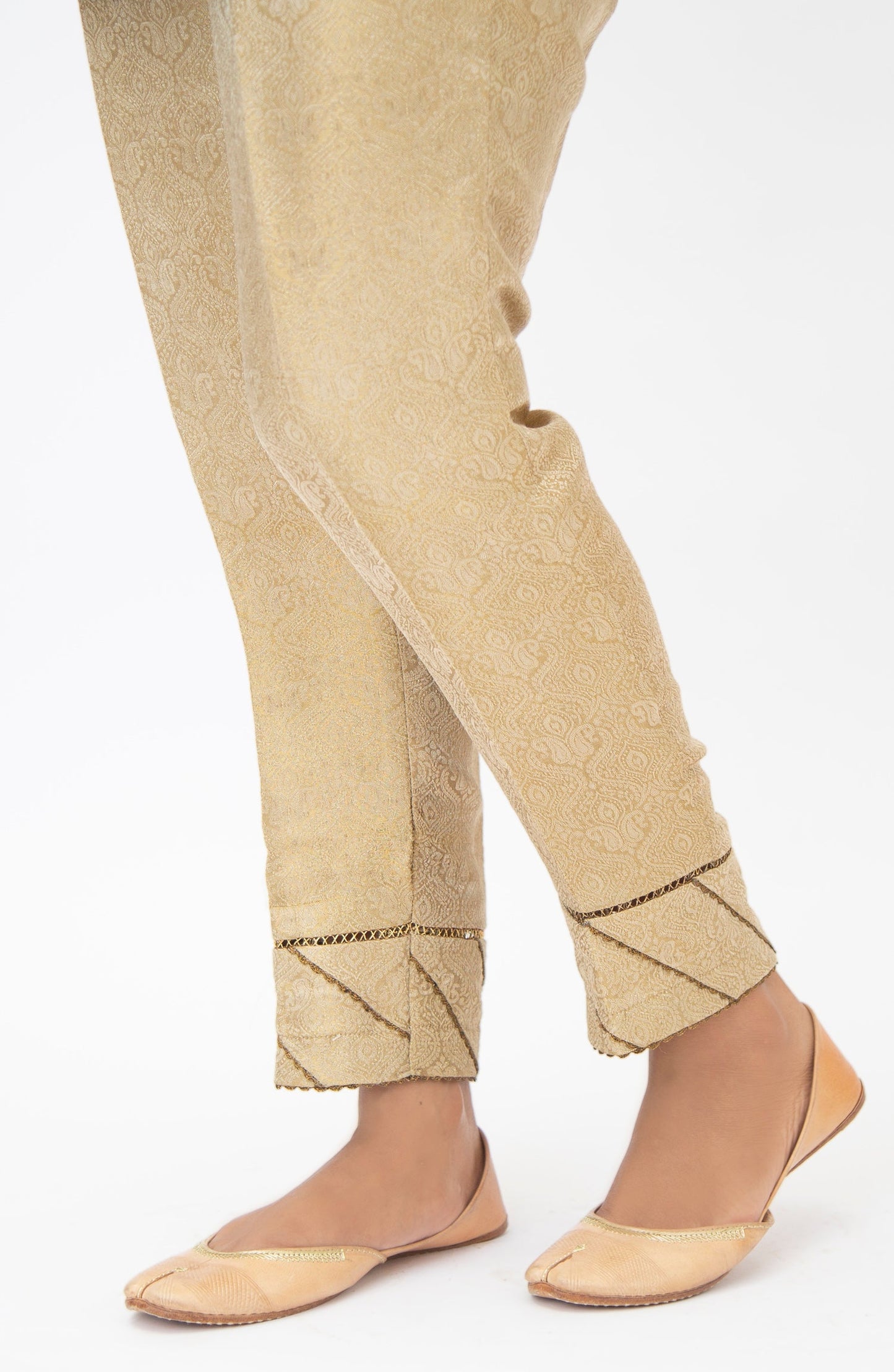 Embellished Jamawar Cigarette Pants - Gold