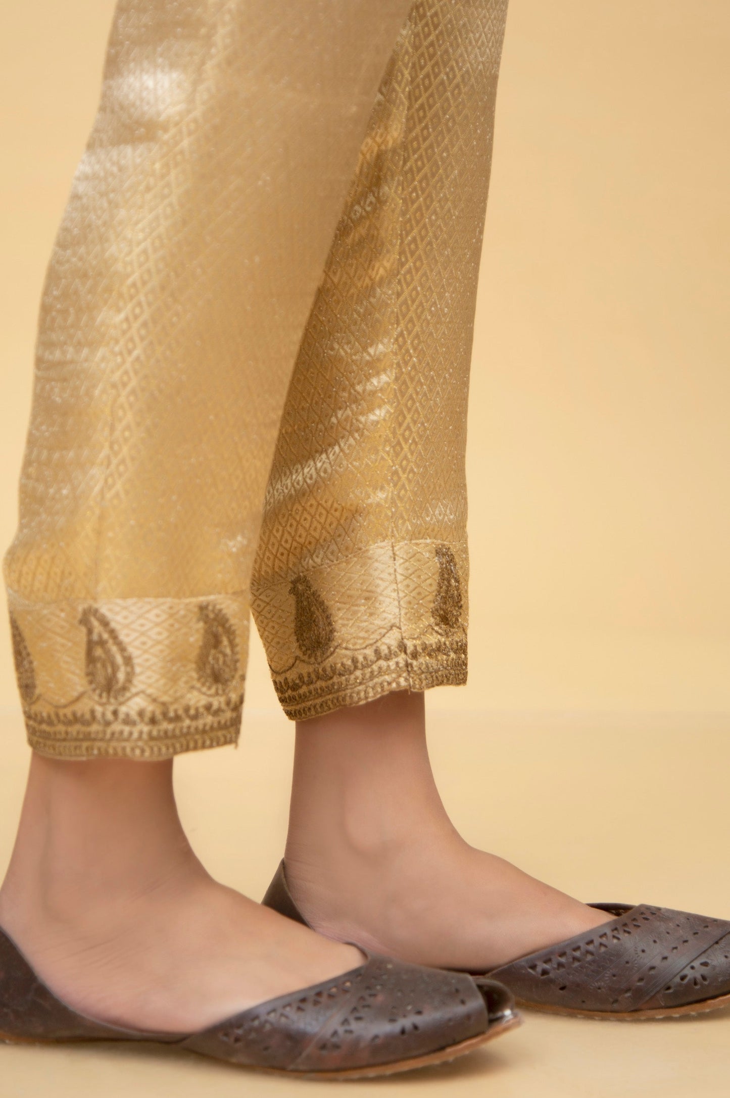 Embroidered Jamawar Cigarette Pants - Gold