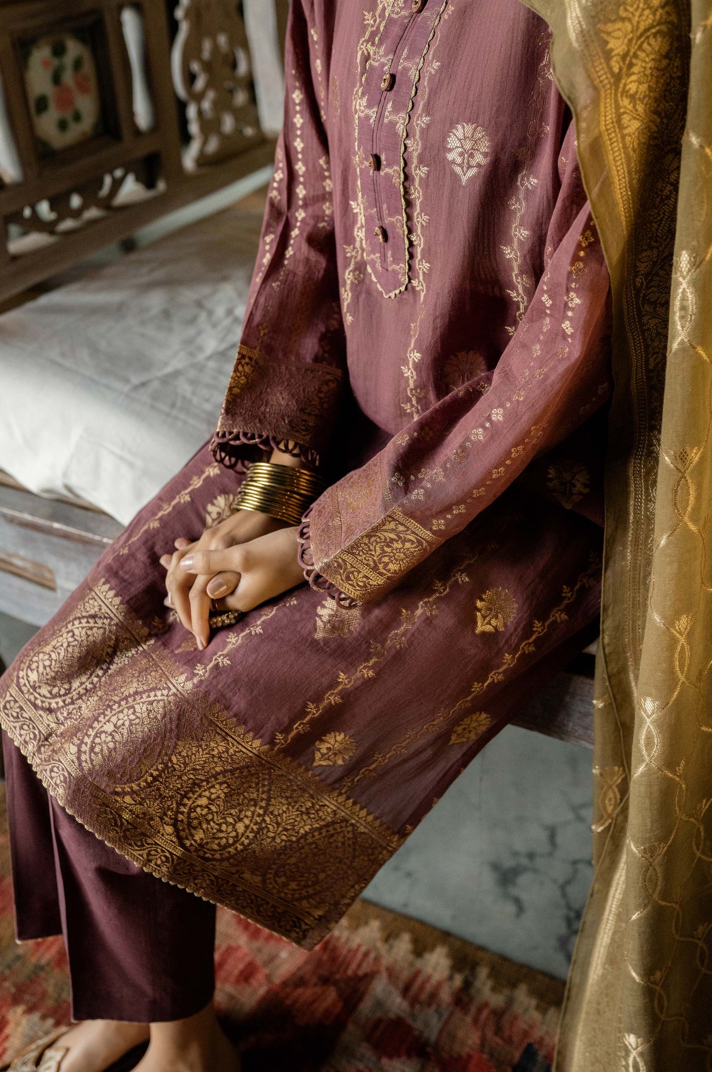 Stitched 3 Piece Jacquard Suit with Jacquard dupatta