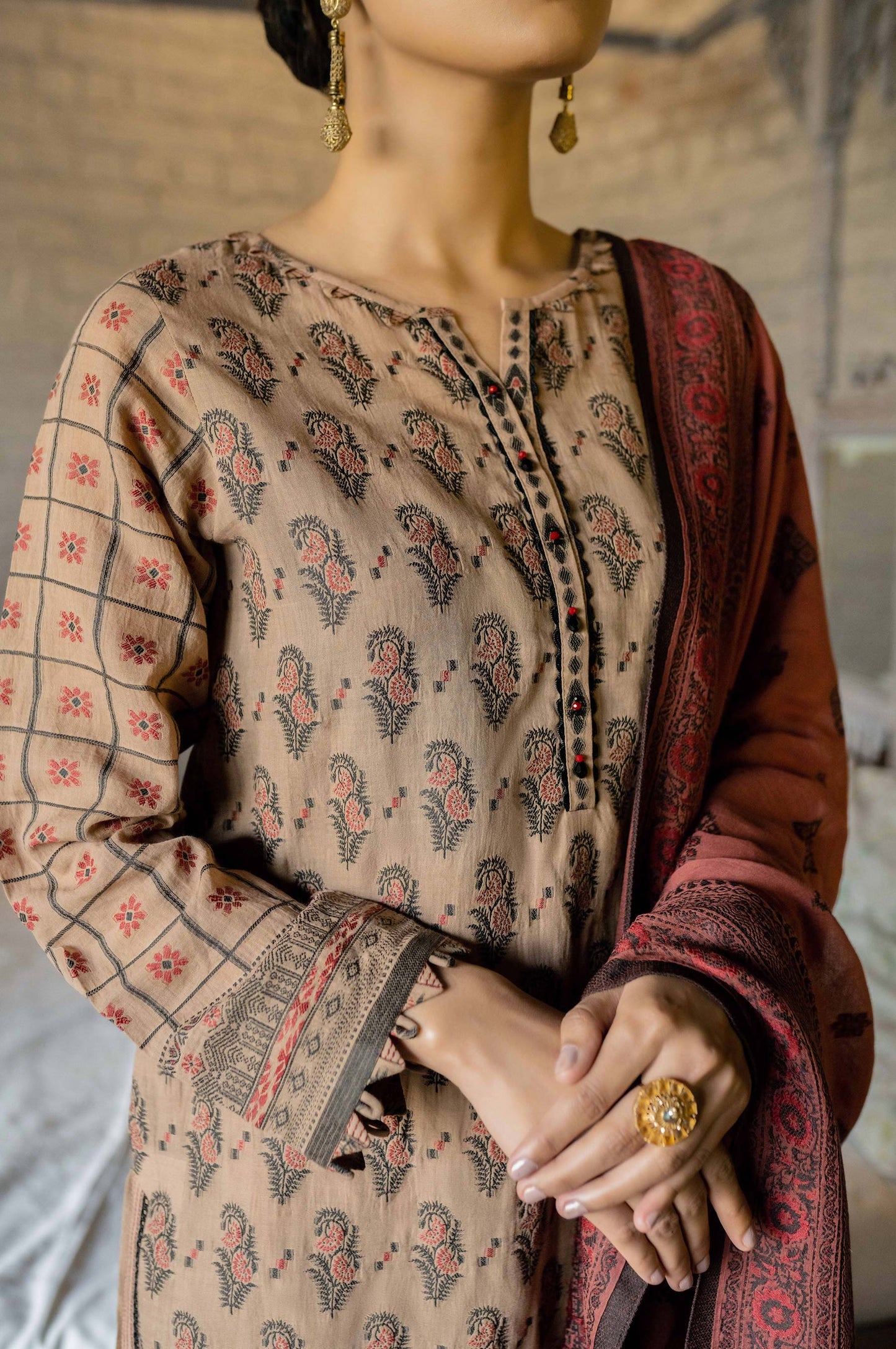 Stitched 3 Piece Jacquard Suit with Jacquard Dupatta