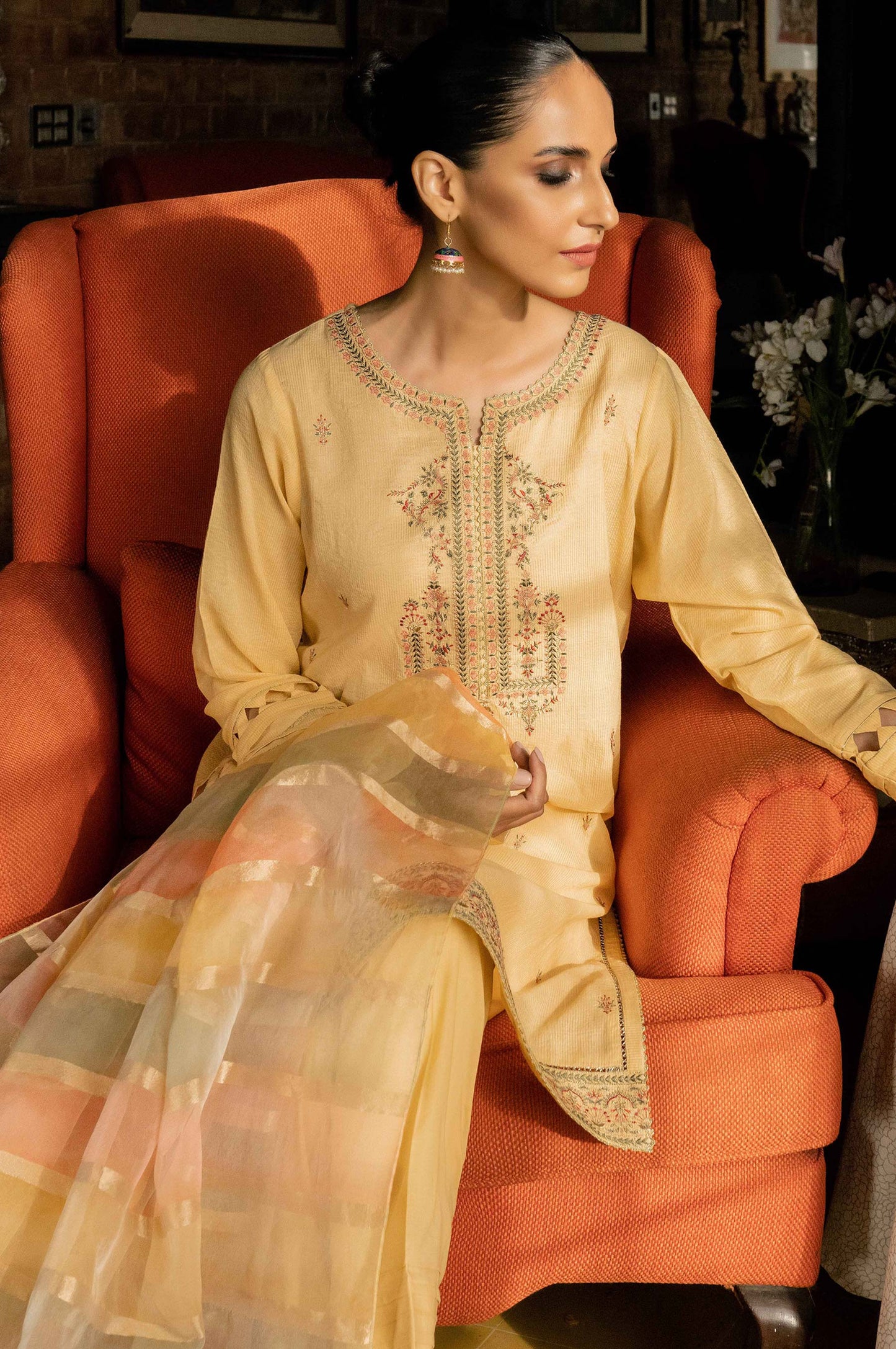 Stitched 3 Piece Embroidered Maysuri Suit with Shaded Organza Dupatta