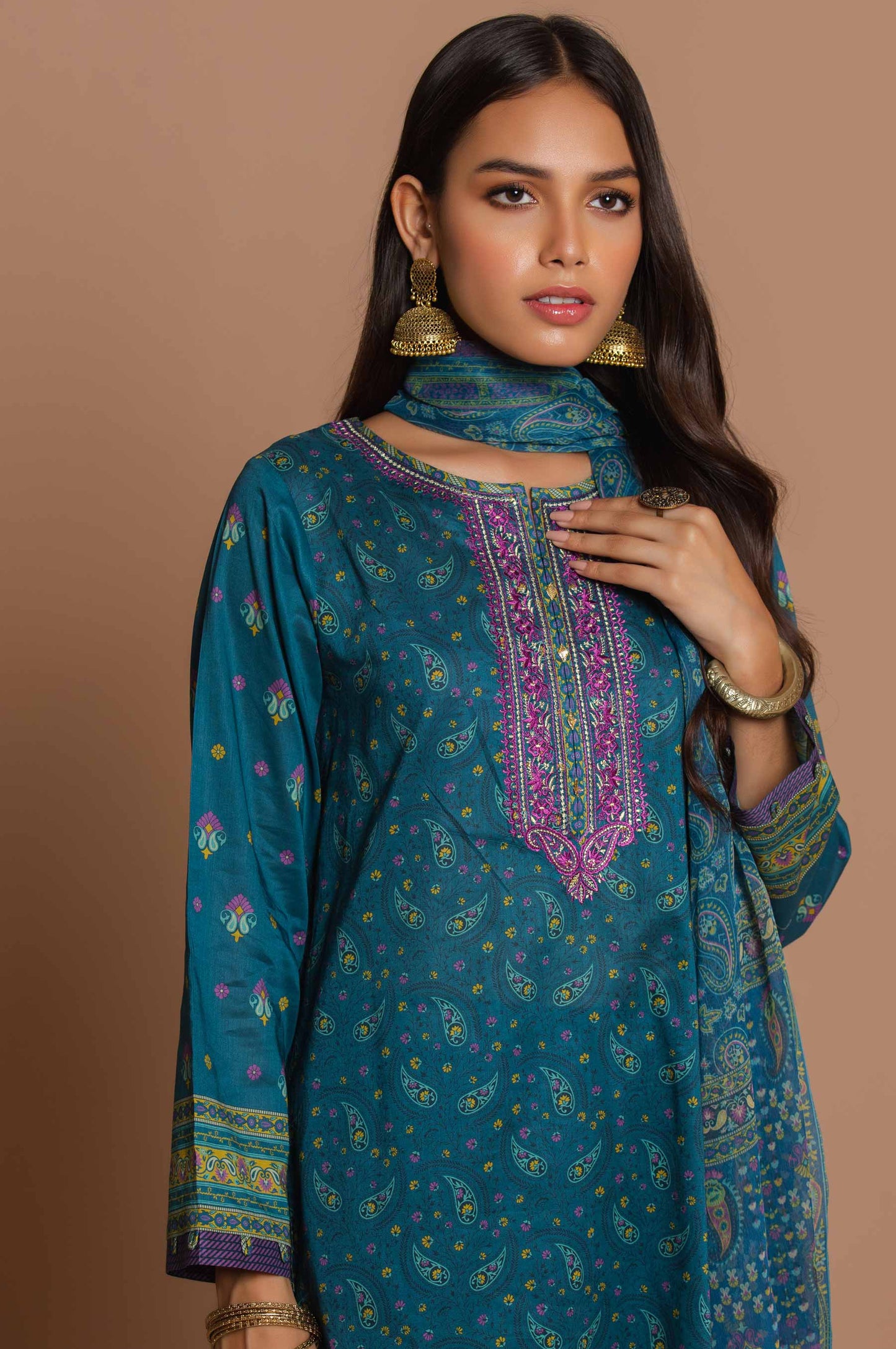 Stitched 3 Piece Embroidered Lawn with polyester chiffon Suit