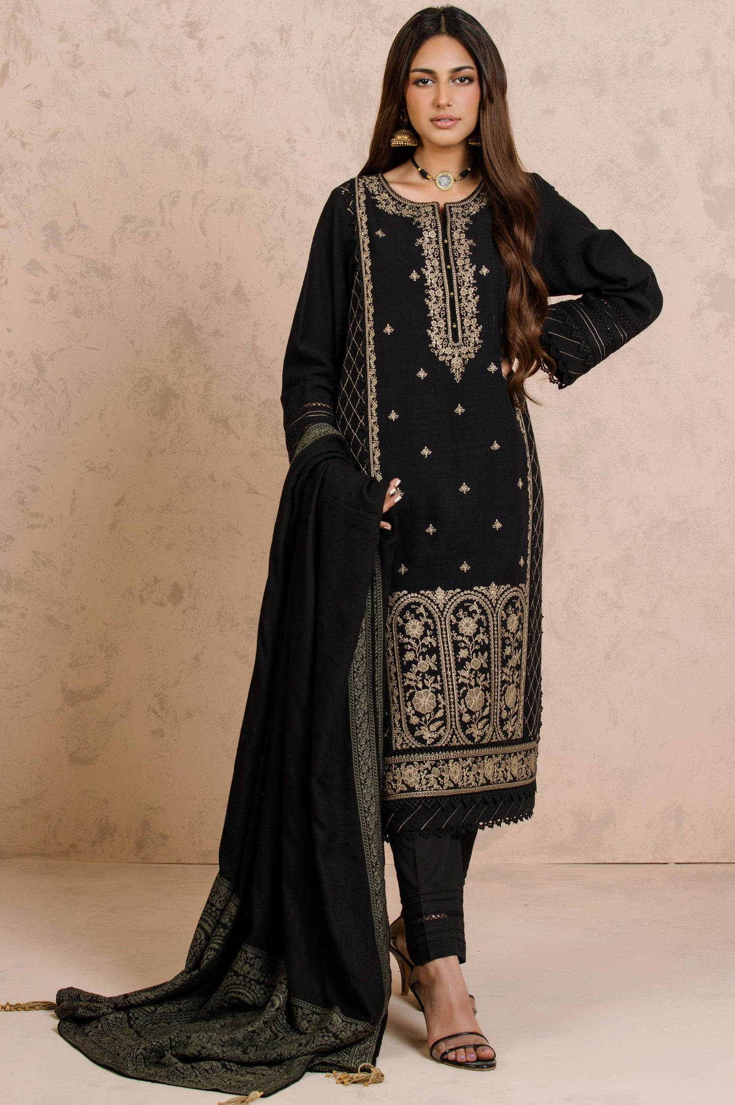 Stitched 3 Piece Embroidered Khaddar with Jacquard Shawl Suit