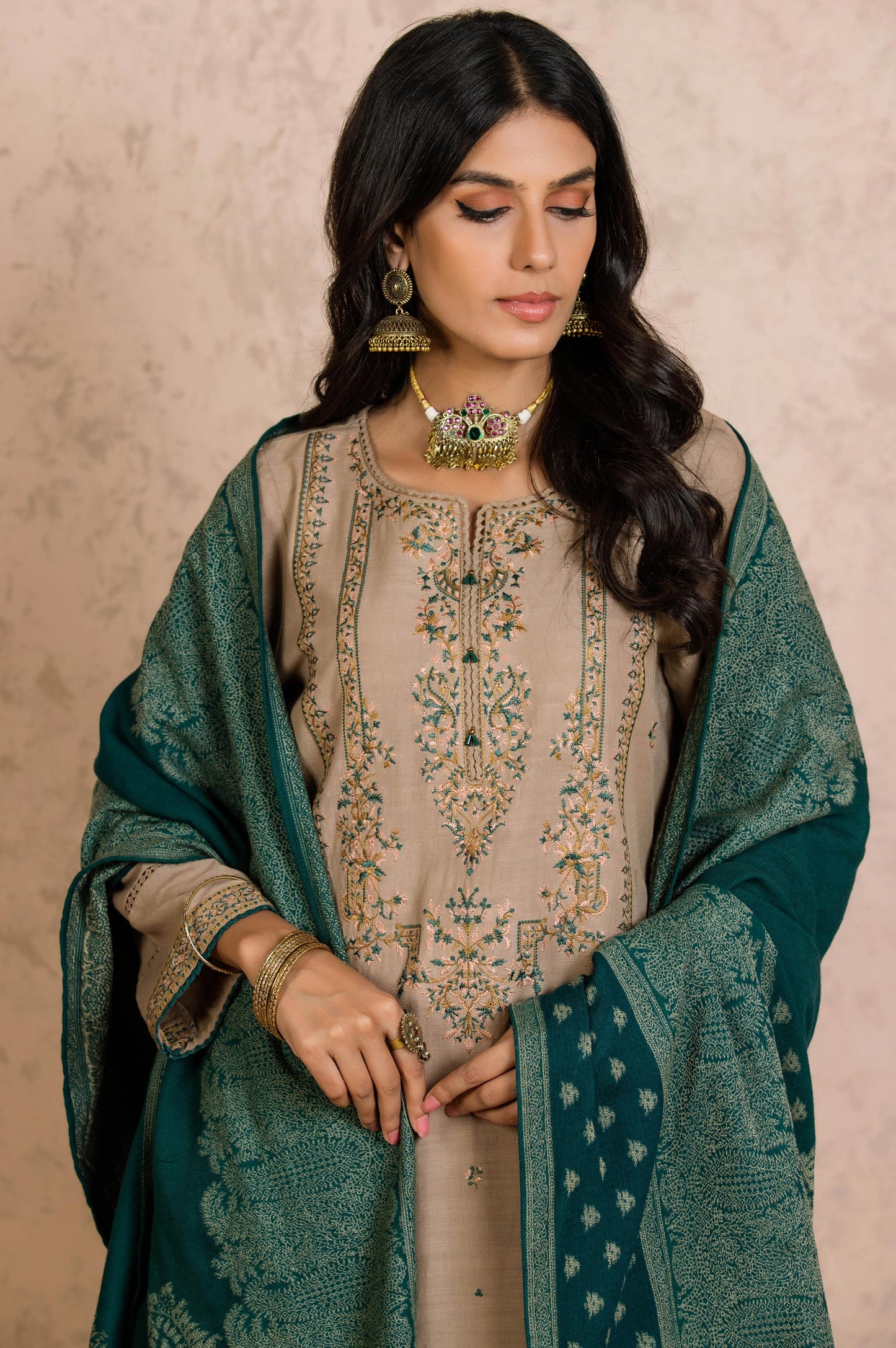 Stitched 3 Piece Embroidered Khaddar with Jacquard Shawl Suit